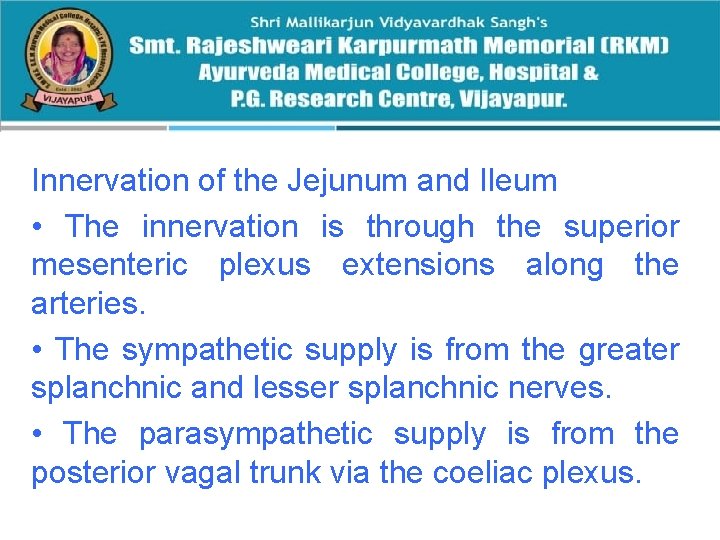 Innervation of the Jejunum and Ileum • The innervation is through the superior mesenteric