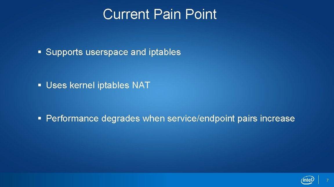 Current Pain Point § Supports userspace and iptables § Uses kernel iptables NAT § Current Pain Point § Supports userspace and iptables § Uses kernel iptables NAT §