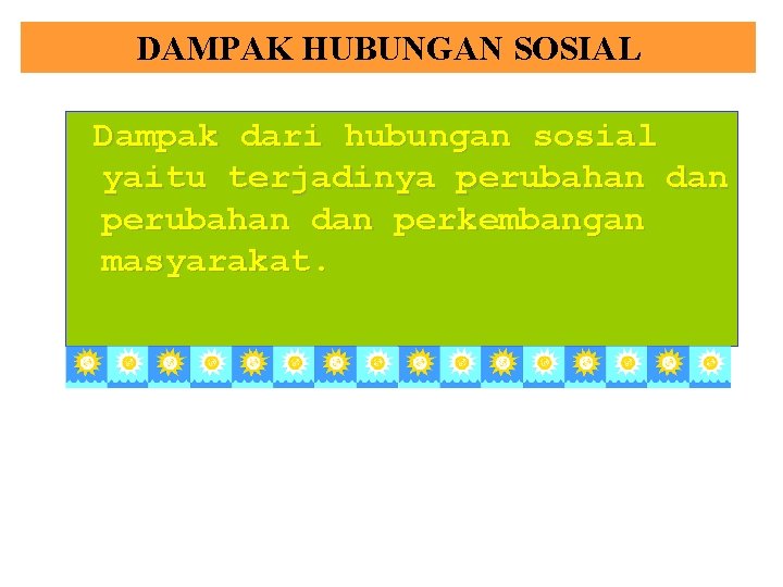 DAMPAK HUBUNGAN SOSIAL Dampak dari hubungan sosial yaitu terjadinya perubahan dan perkembangan masyarakat. 