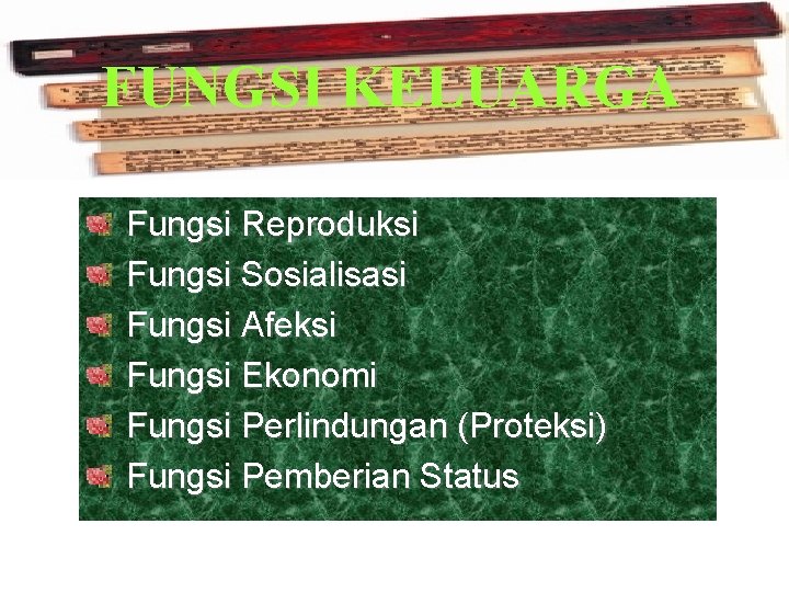 FUNGSI KELUARGA Fungsi Reproduksi Fungsi Sosialisasi Fungsi Afeksi Fungsi Ekonomi Fungsi Perlindungan (Proteksi) Fungsi