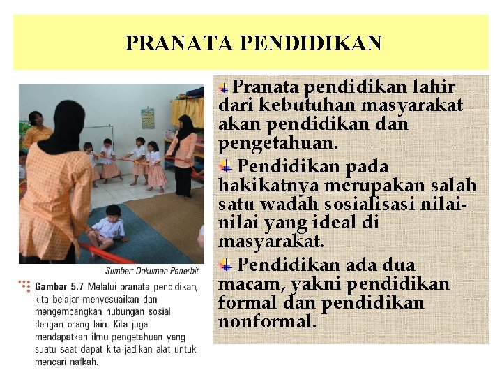 PRANATA PENDIDIKAN Pranata pendidikan lahir dari kebutuhan masyarakat akan pendidikan dan pengetahuan. Pendidikan pada