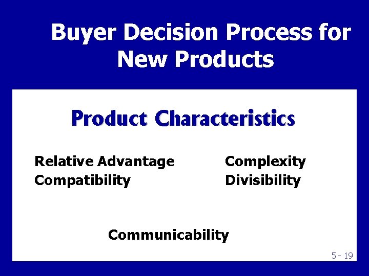 Buyer Decision Process for New Products Product Characteristics Relative Advantage Compatibility Complexity Divisibility Communicability