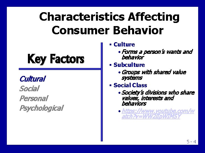 Characteristics Affecting Consumer Behavior Key Factors Cultural Social Personal Psychological § Culture • Forms