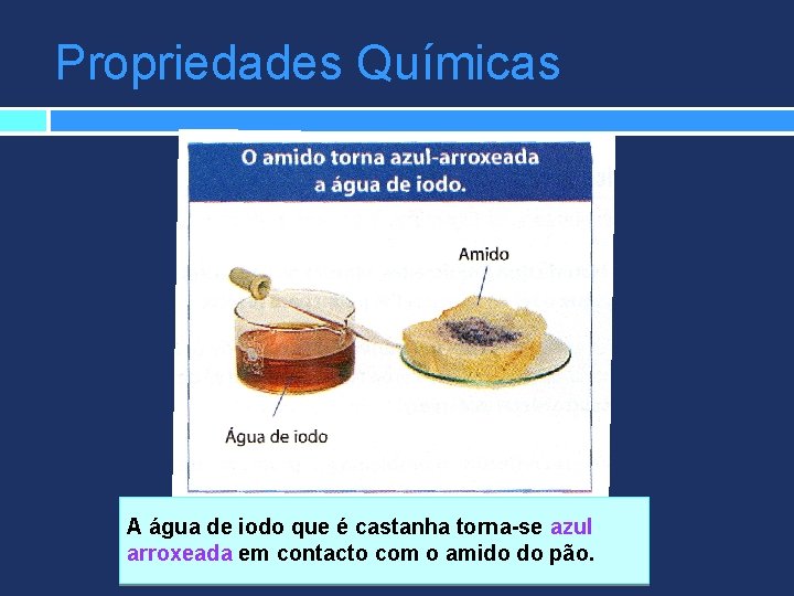 Propriedades Químicas A água de iodo que é castanha torna-se azul arroxeada em contacto