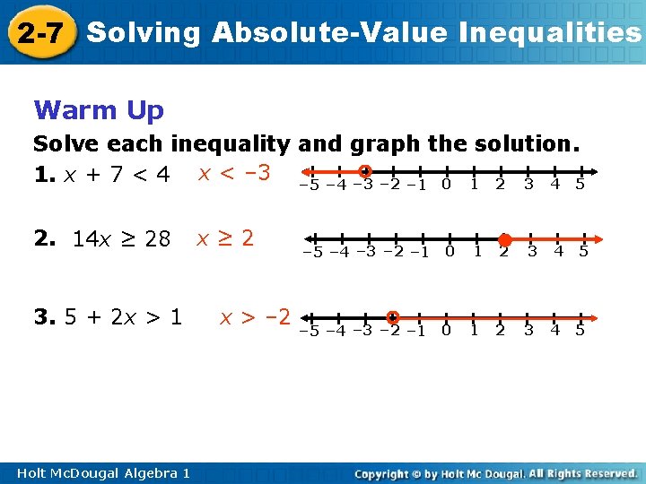 2 -7 Solving Absolute-Value Inequalities Warm Up Solve each inequality and graph the solution.
