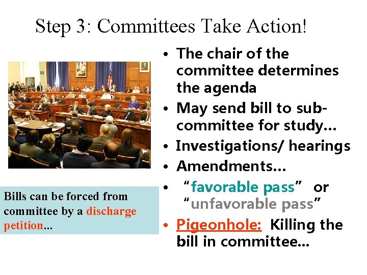 Step 3: Committees Take Action! Bills can be forced from committee by a discharge