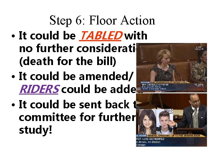 Step 6: Floor Action • It could be TABLED with no further consideration (death