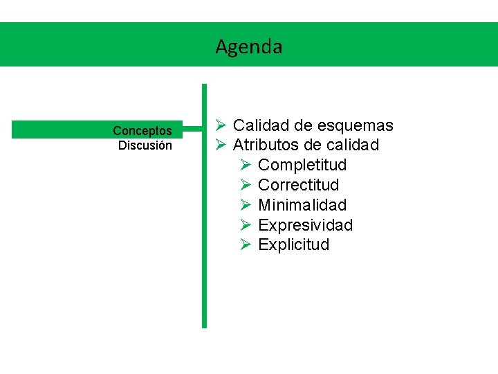 Agenda Conceptos Discusión Ø Calidad de esquemas Ø Atributos de calidad Ø Completitud Ø