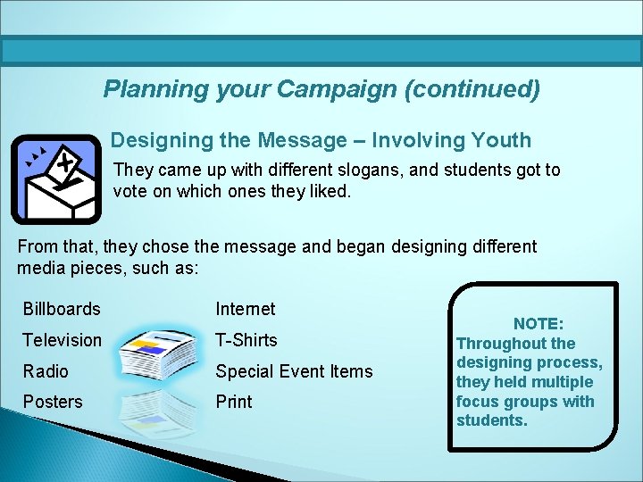 Planning your Campaign (continued) Designing the Message – Involving Youth They came up with
