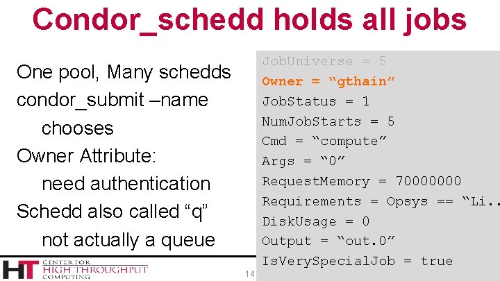 Condor_schedd holds all jobs One pool, Many schedds condor_submit –name chooses Owner Attribute: need