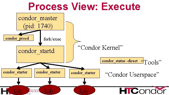 Process View: Execute condor_master (pid: 1740) condor_procd fork/exec condor_startd “Condor Kernel” condor_status -direct condor_starter