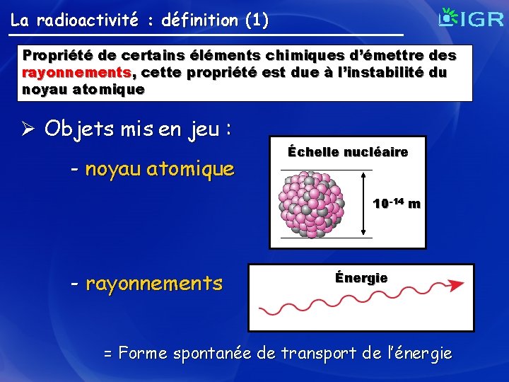 La radioactivité : définition (1) Propriété de certains éléments chimiques d’émettre des rayonnements, ,