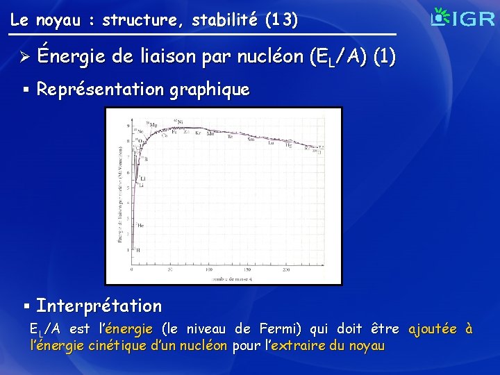 Le noyau : structure, stabilité (13) Ø Énergie de liaison par nucléon (EL/A) (1)