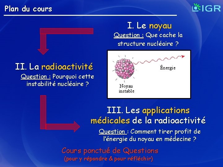 Plan du cours I. Le noyau Question : Que cache la structure nucléaire ?