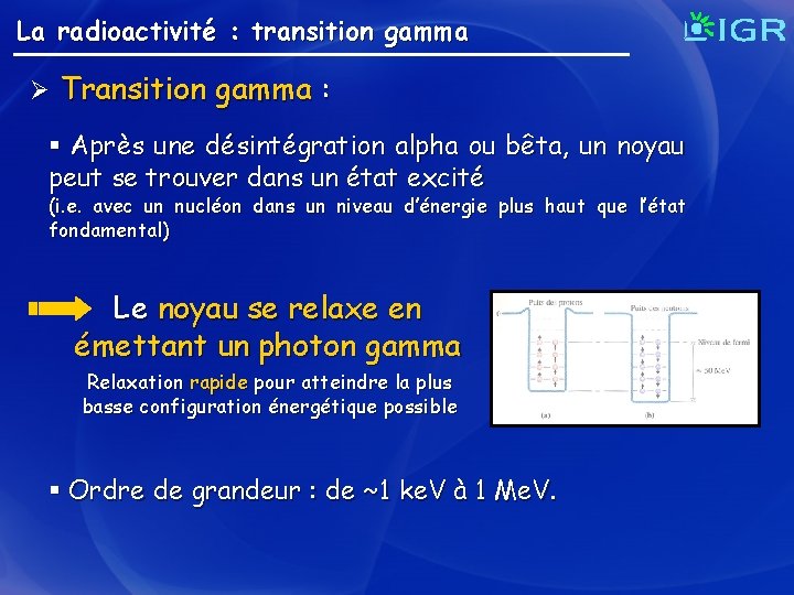 La radioactivité : transition gamma Ø Transition gamma : § Après une désintégration alpha
