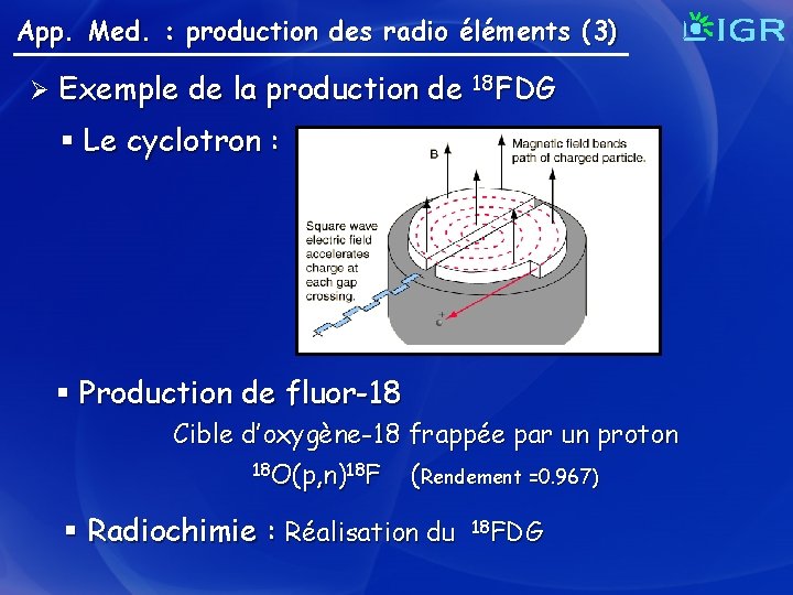 App. Med. : production des radio éléments (3) Ø Exemple de la production de