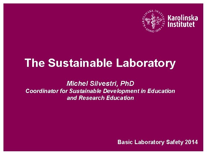 The Sustainable Laboratory Michel Silvestri, Ph. D Coordinator for Sustainable Development in Education and