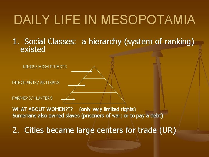 DAILY LIFE IN MESOPOTAMIA 1. Social Classes: a hierarchy (system of ranking) existed KINGS/