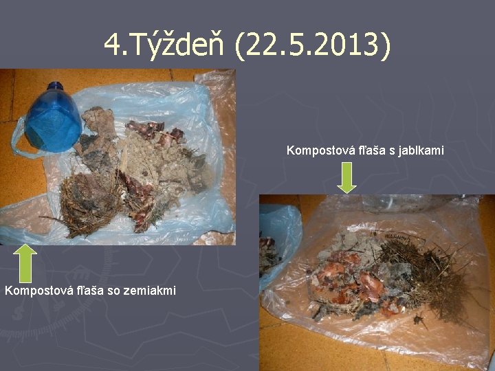 4. Týždeň (22. 5. 2013) Kompostová fľaša s jablkami Kompostová fľaša so zemiakmi 