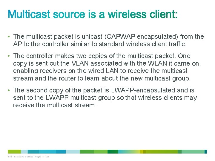  • The multicast packet is unicast (CAPWAP encapsulated) from the AP to the