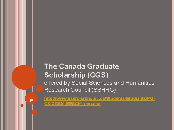 The Canada Graduate Scholarship (CGS) offered by Social Sciences and Humanities Research Council (SSHRC)