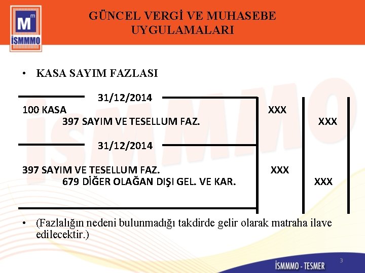 GÜNCEL VERGİ VE MUHASEBE UYGULAMALARI • KASA SAYIM FAZLASI 31/12/2014 100 KASA XXX 397