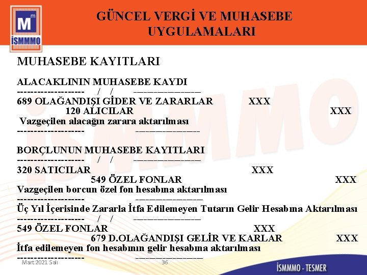 GÜNCEL VERGİ VE MUHASEBE UYGULAMALARI MUHASEBE KAYITLARI ALACAKLININ MUHASEBE KAYDI ---------- / / ----------689