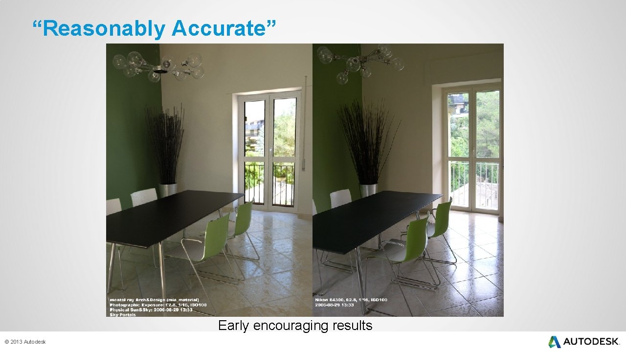 “Reasonably Accurate” Early encouraging results © 2013 Autodesk 