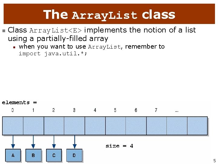 The Array. List class n Class Array. List<E> implements the notion of a list