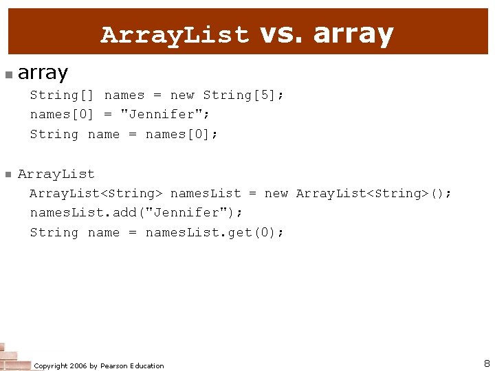 Array. List vs. array n array String[] names = new String[5]; names[0] = "Jennifer";