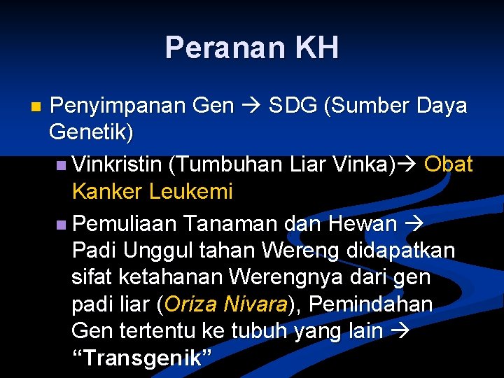 Peranan KH n Penyimpanan Gen SDG (Sumber Daya Genetik) n Vinkristin (Tumbuhan Liar Vinka)