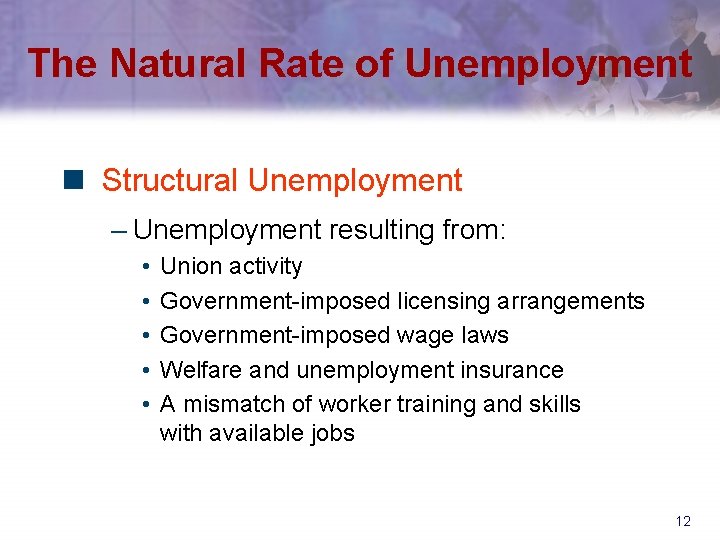 The Natural Rate of Unemployment n Structural Unemployment – Unemployment resulting from: • •