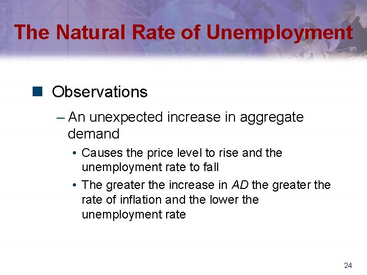 The Natural Rate of Unemployment n Observations – An unexpected increase in aggregate demand