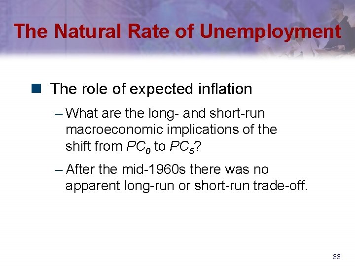 The Natural Rate of Unemployment n The role of expected inflation – What are
