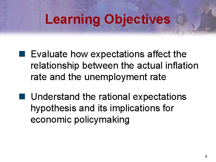 Learning Objectives n Evaluate how expectations affect the relationship between the actual inflation rate