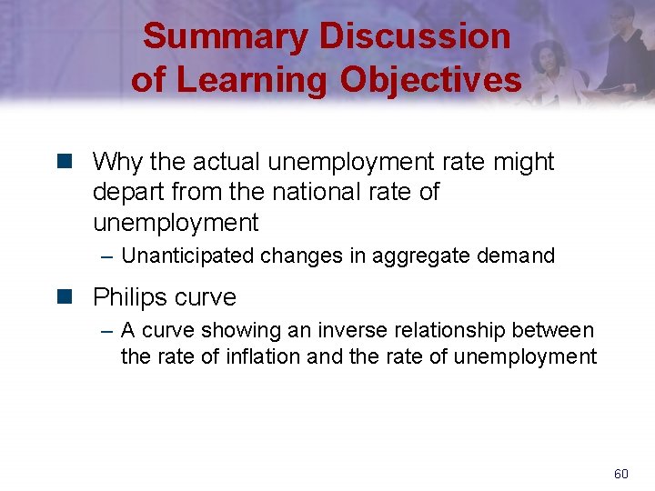 Summary Discussion of Learning Objectives n Why the actual unemployment rate might depart from