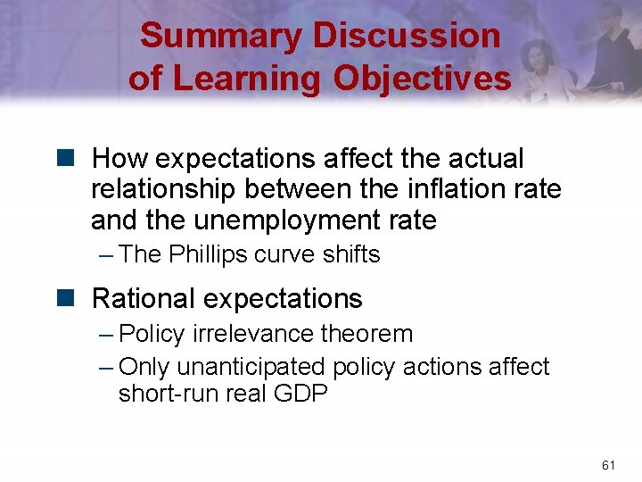 Summary Discussion of Learning Objectives n How expectations affect the actual relationship between the