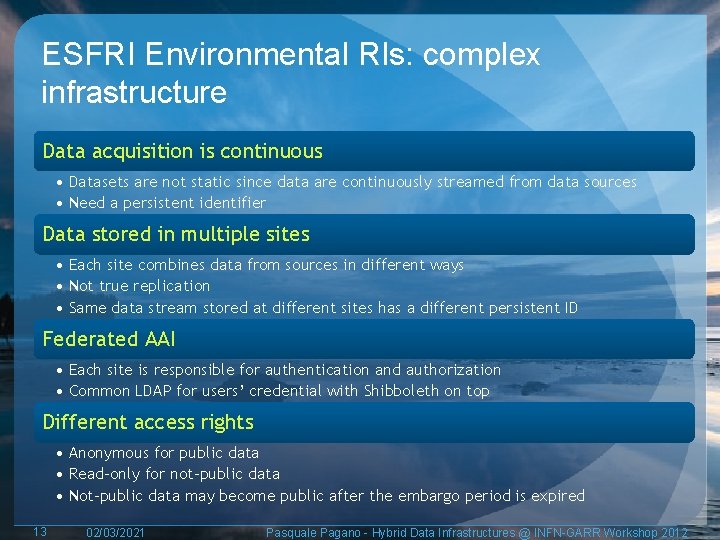 ESFRI Environmental RIs: complex infrastructure Data acquisition is continuous • Datasets are not static
