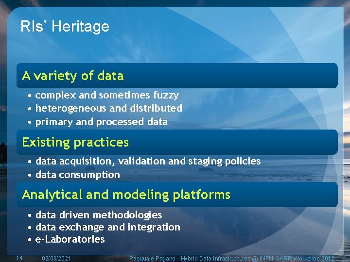 RIs’ Heritage A variety of data • complex and sometimes fuzzy • heterogeneous and