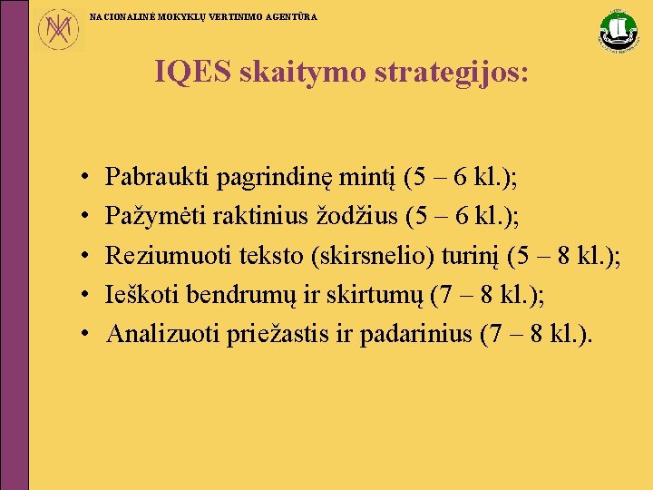 NACIONALINĖ MOKYKLŲ VERTINIMO AGENTŪRA IQES skaitymo strategijos: • • • Pabraukti pagrindinę mintį (5