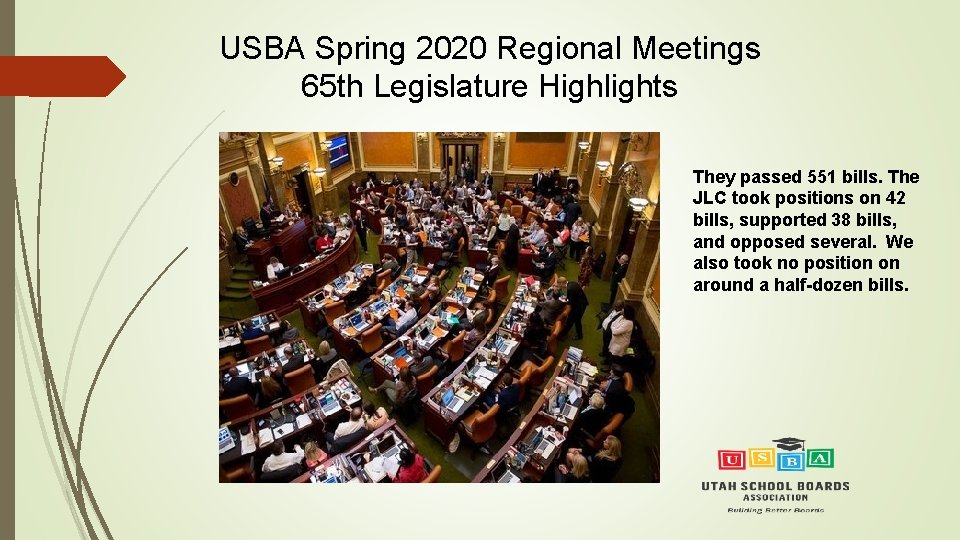 USBA Spring 2020 Regional Meetings 65 th Legislature Highlights They passed 551 bills. The