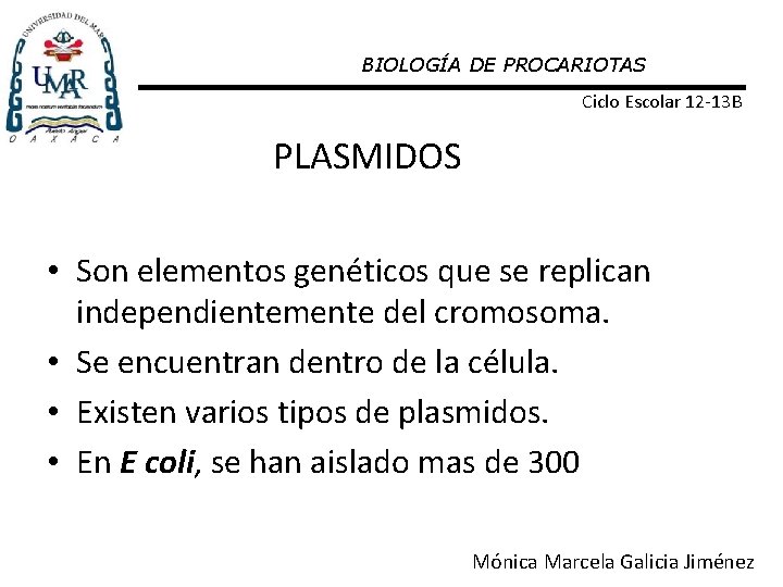 BIOLOGÍA DE PROCARIOTAS Ciclo Escolar 12 -13 B PLASMIDOS • Son elementos genéticos que