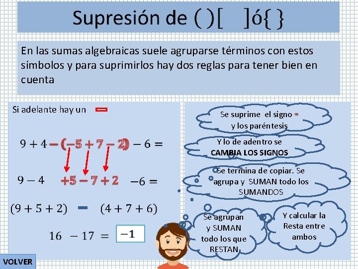  En las sumas algebraicas suele agruparse términos con estos símbolos y para suprimirlos