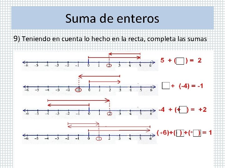 Suma de enteros 9) Teniendo en cuenta lo hecho en la recta, completa las