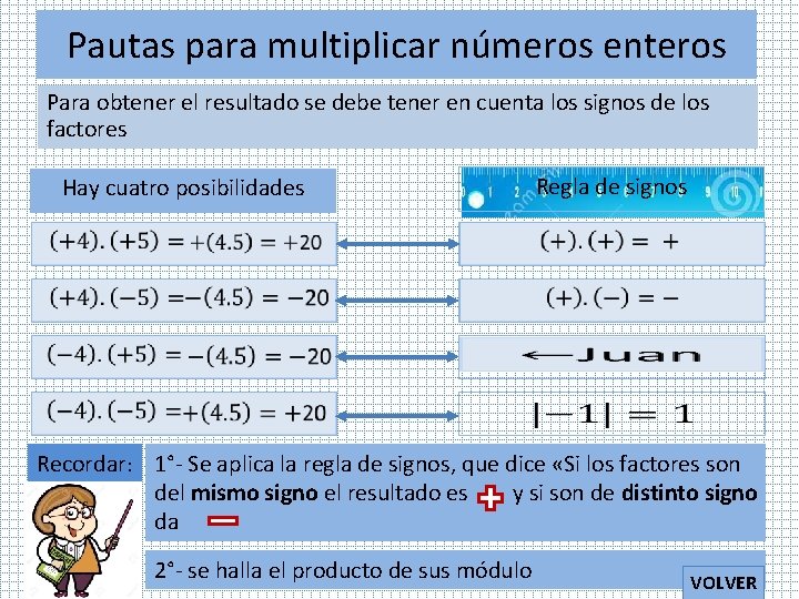 Pautas para multiplicar números enteros Para obtener el resultado se debe tener en cuenta