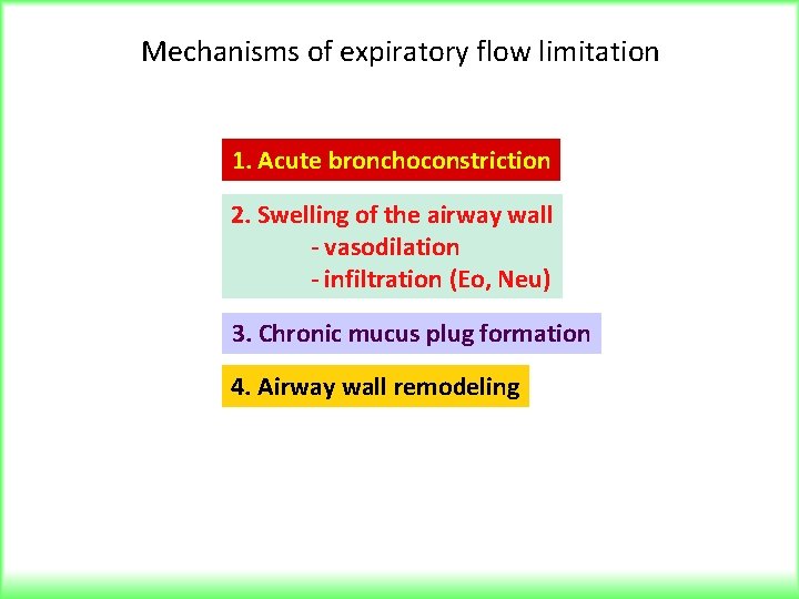 Mechanisms of expiratory flow limitation 1. Acute bronchoconstriction 2. Swelling of the airway wall