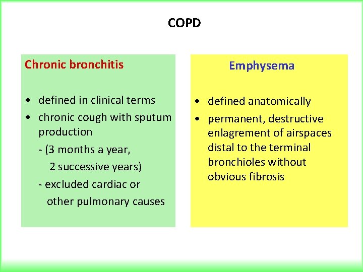 COPD Chronic bronchitis • defined in clinical terms • chronic cough with sputum production