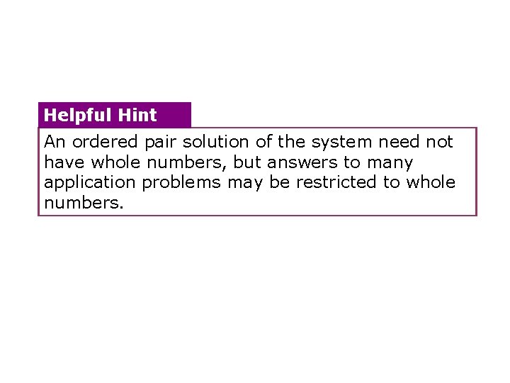 Helpful Hint An ordered pair solution of the system need not have whole numbers,