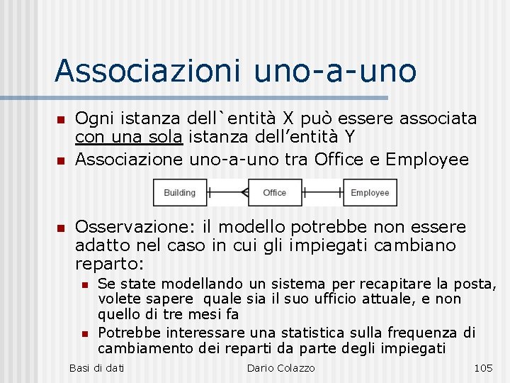 Associazioni uno-a-uno n n n Ogni istanza dell`entità X può essere associata con una