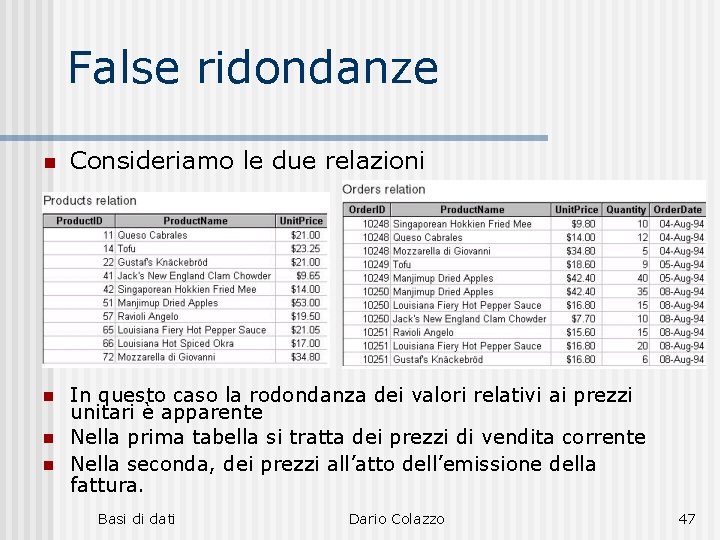 False ridondanze n Consideriamo le due relazioni n In questo caso la rodondanza dei